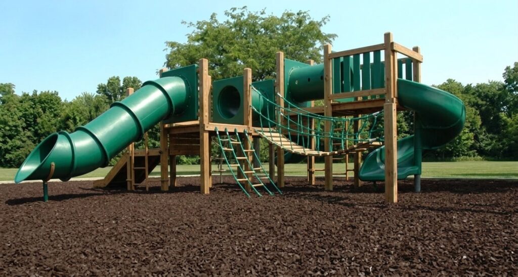 Playground play structure on brown rubber mulch, shaded by mature trees