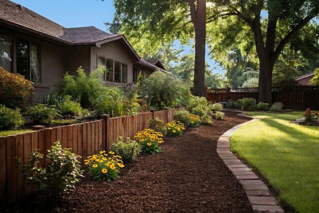 Backyard beds on brown rubber mulch beside a cedar fence, lawn and shade trees behind